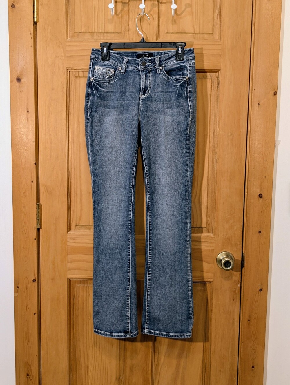 Earl Jeans Slim Boot Cut Blue Medium Wash Sz 6 Denim Rhinestone Embroidered - Picture 2 of 11
